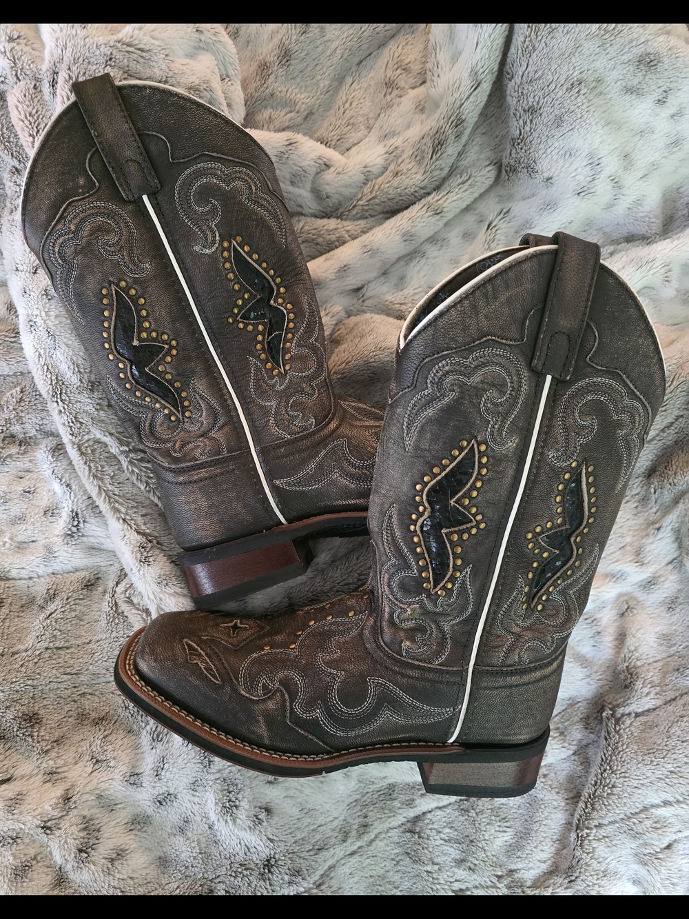 Laredo Western Studded Embroidered Leather Cowboy Boots - Gray Brown